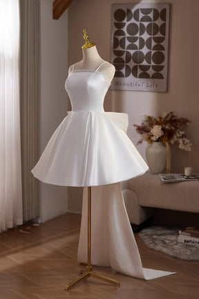 White Satin Short Prom Dress, A-Line Knee Length Party Dress with Bow