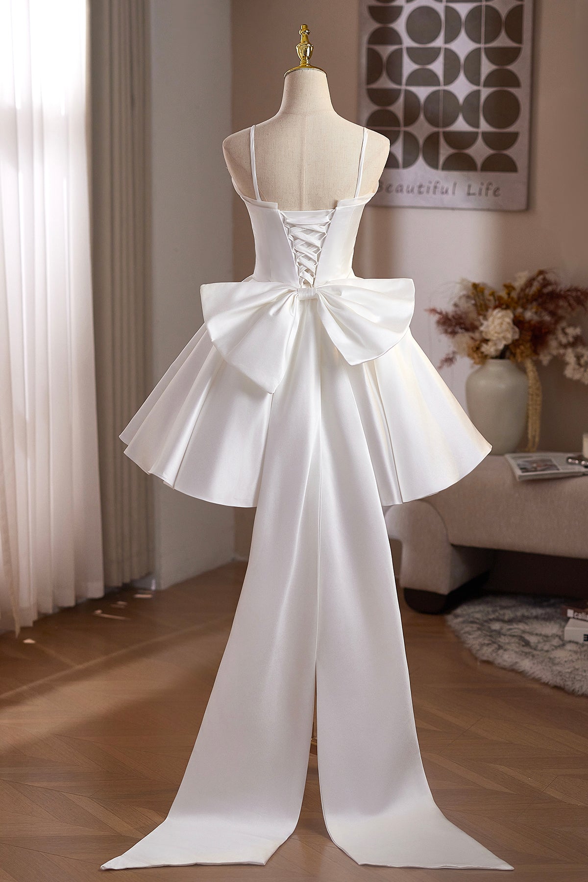 White Satin Short Prom Dress, A-Line Knee Length Party Dress with Bow