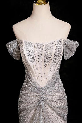 Mermaid Off-the-Shoulder Silver Sequin Long Prom Party Dress