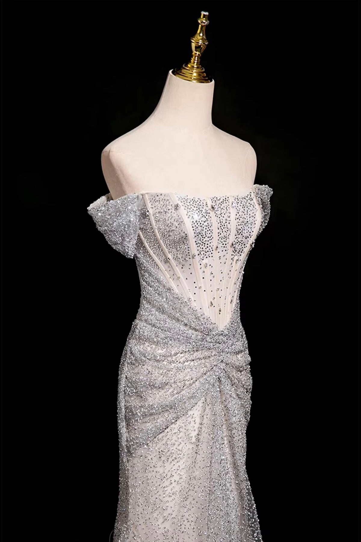 Mermaid Off-the-Shoulder Silver Sequin Long Prom Party Dress