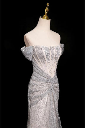 Mermaid Off-the-Shoulder Silver Sequin Long Prom Party Dress