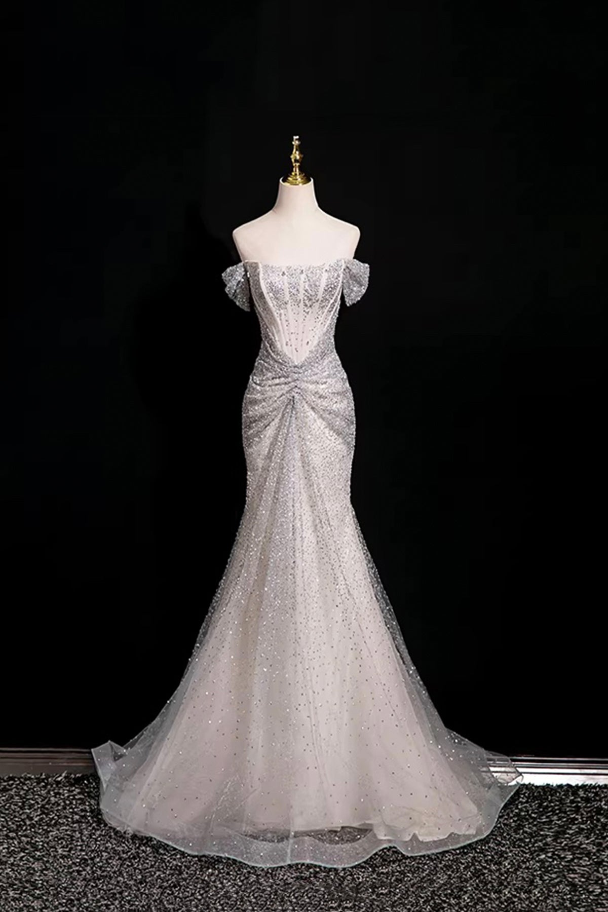 Mermaid Off-the-Shoulder Silver Sequin Long Prom Party Dress