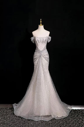 Mermaid Off-the-Shoulder Silver Sequin Long Prom Party Dress