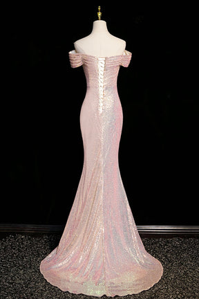 Pink Sequin Off-the-Shoulder Mermaid Evening Gown with Slit