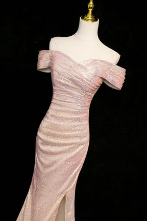 Pink Sequin Off-the-Shoulder Mermaid Evening Gown with Slit
