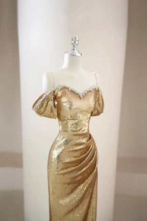 Gold Sequin Off-the-Shoulder Mermaid Evening Gown with Beaded Trim