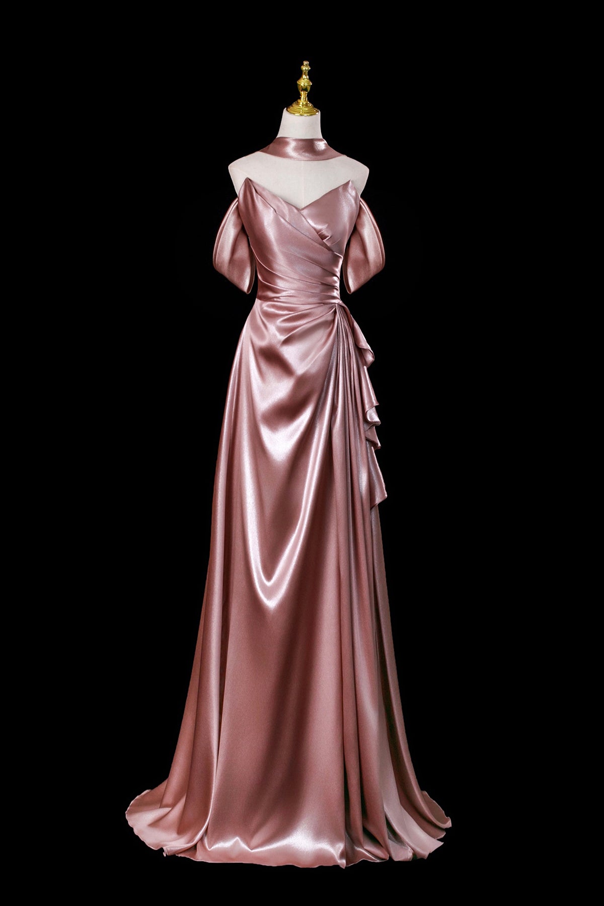 Dusty Rose Satin Off-the-Shoulder Evening Gown - Elegant Floor-Length Formal Dress