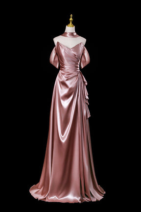 Dusty Rose Satin Off-the-Shoulder Evening Gown - Elegant Floor-Length Formal Dress