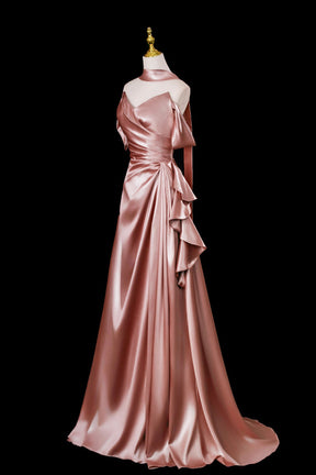 Dusty Rose Satin Off-the-Shoulder Evening Gown - Elegant Floor-Length Formal Dress