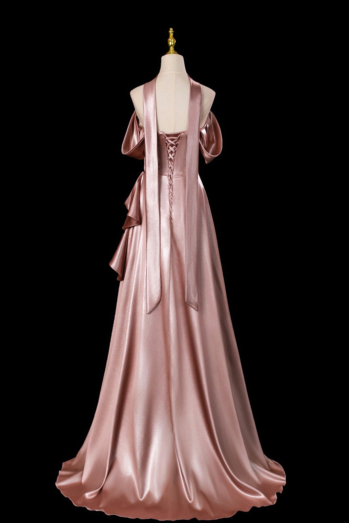 Dusty Rose Satin Off-the-Shoulder Evening Gown - Elegant Floor-Length Formal Dress
