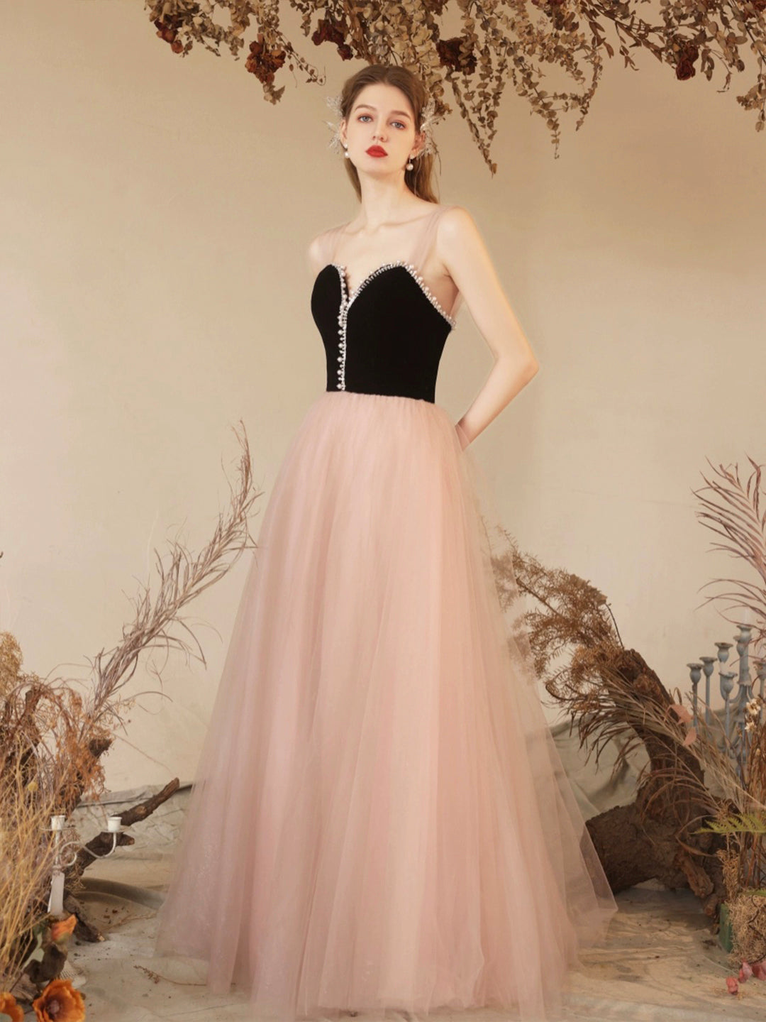 Black Velvet and Pink Tulle Long Prom Dress, Beautiful Sweetheart Neck Evening Dress