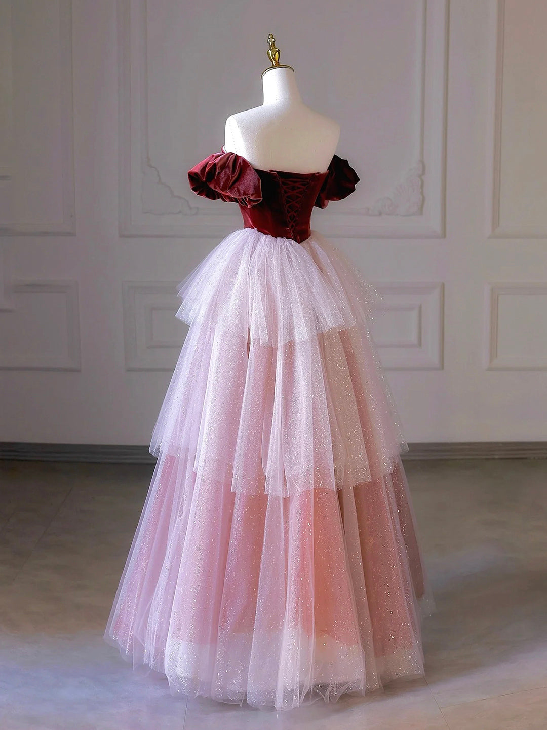 Burgundy Velvet and Pink Tulle Long Prom Dress, Off the Shoulder A-Line Evening Party Dress