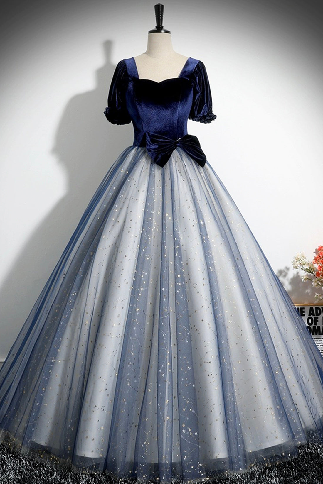 Blue Velvet Tulle Long Prom Dress, A-Line Short Sleeve Evening Party Dress