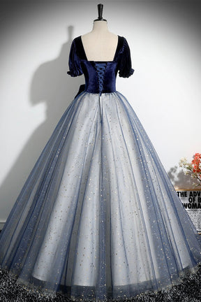 Blue Velvet Tulle Long Prom Dress, A-Line Short Sleeve Evening Party Dress