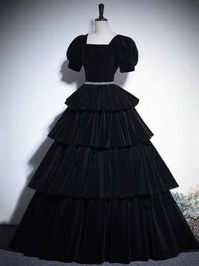 Black Velvet Floor Length Prom Dress, Elegant Short Sleeve Evening Party Dress