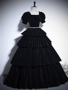 Black Velvet Floor Length Prom Dress, Elegant Short Sleeve Evening Party Dress