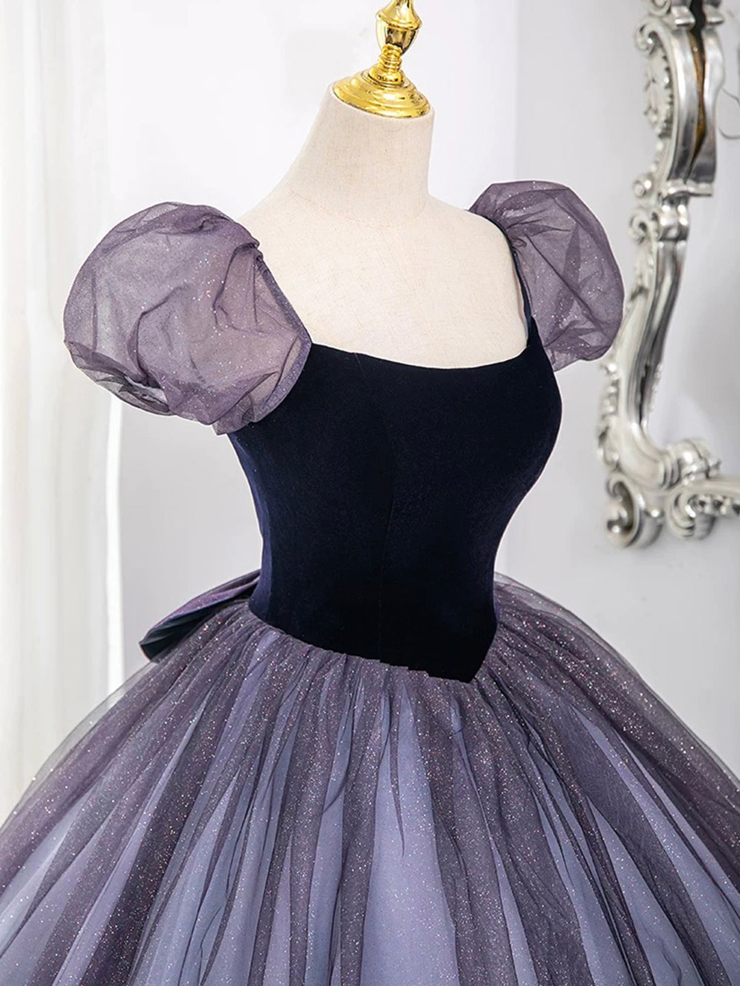 Purple Scoop Velvet and Tulle Long A-Line Prom Dress, Lovely Short Sleeve Evening Dress