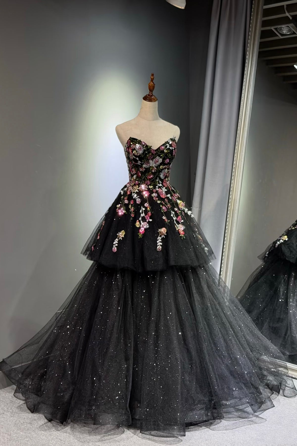 Black Floral Embroidered Ball Gown, A-Line Strapless Glitter Tulle Prom Dress
