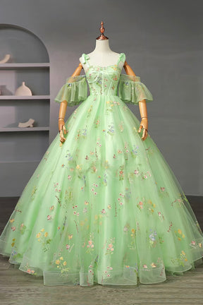 Green Floral Tulle Long A-Line Formal Dress, Beautiful Spaghetti Strap Evening Gown