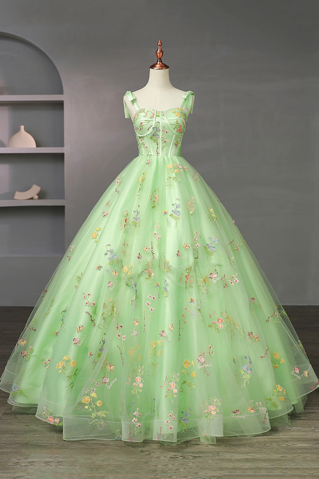 Green Floral Tulle Long A-Line Formal Dress, Beautiful Spaghetti Strap Evening Gown