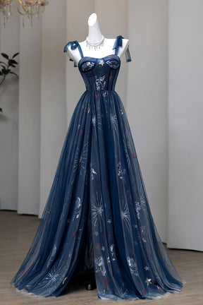 Navy Blue Celestial Embroidered Tulle Prom Dress with Corset Bodice & Bow Straps