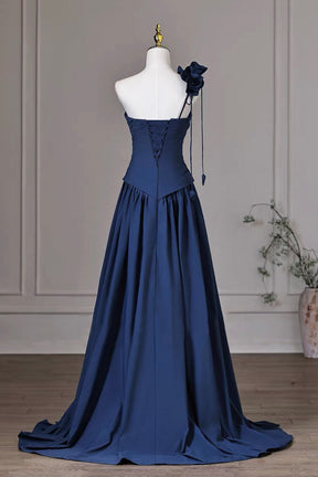 Navy Blue One-Shoulder Evening Gown with Ruched Bodice – Elegant Formal Dress