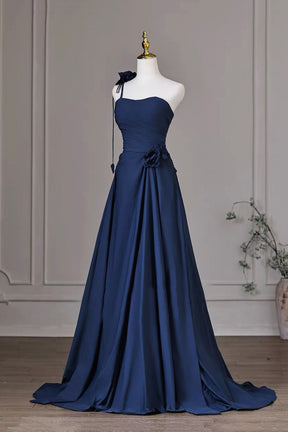 Navy Blue One-Shoulder Evening Gown with Ruched Bodice – Elegant Formal Dress