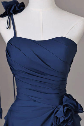 Navy Blue One-Shoulder Evening Gown with Ruched Bodice – Elegant Formal Dress