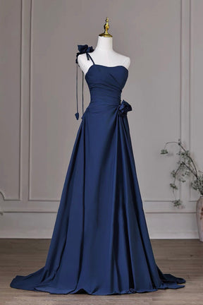 Navy Blue One-Shoulder Evening Gown with Ruched Bodice – Elegant Formal Dress