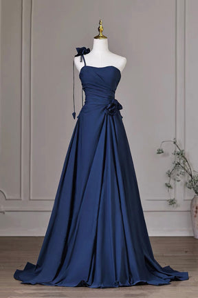 Navy Blue One-Shoulder Evening Gown with Ruched Bodice – Elegant Formal Dress