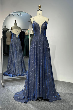 Navy Blue Sparkle V-Neck Long Evening Gown with Lace-Up Back