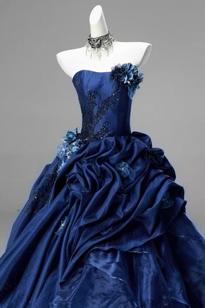Navy Blue Strapless Long Ball Gown with Floral Appliqué