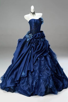 Navy Blue Strapless Long Ball Gown with Floral Appliqué
