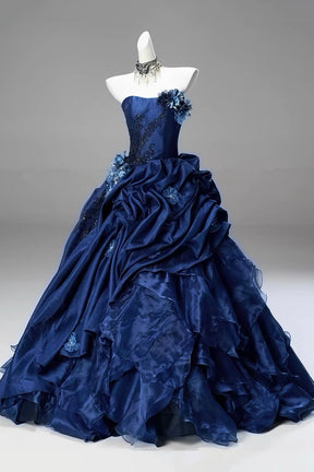 Navy Blue Strapless Long Ball Gown with Floral Appliqué