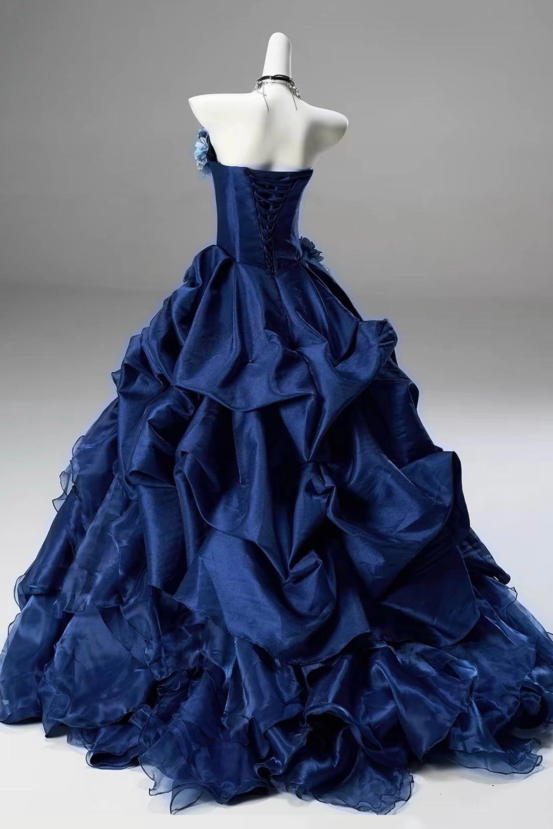 Navy Blue Strapless Long Ball Gown with Floral Appliqué