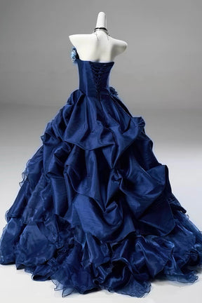 Navy Blue Strapless Long Ball Gown with Floral Appliqué