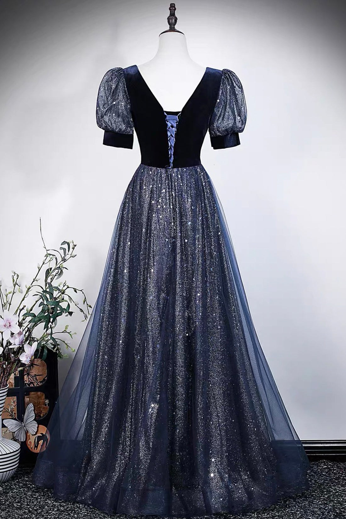 Navy Blue Velvet and Sequin Tulle Gown with Puff Sleeves