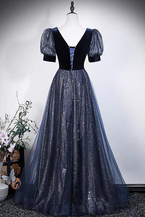 Navy Blue Velvet and Sequin Tulle Gown with Puff Sleeves