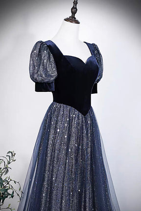 Navy Blue Velvet and Sequin Tulle Gown with Puff Sleeves