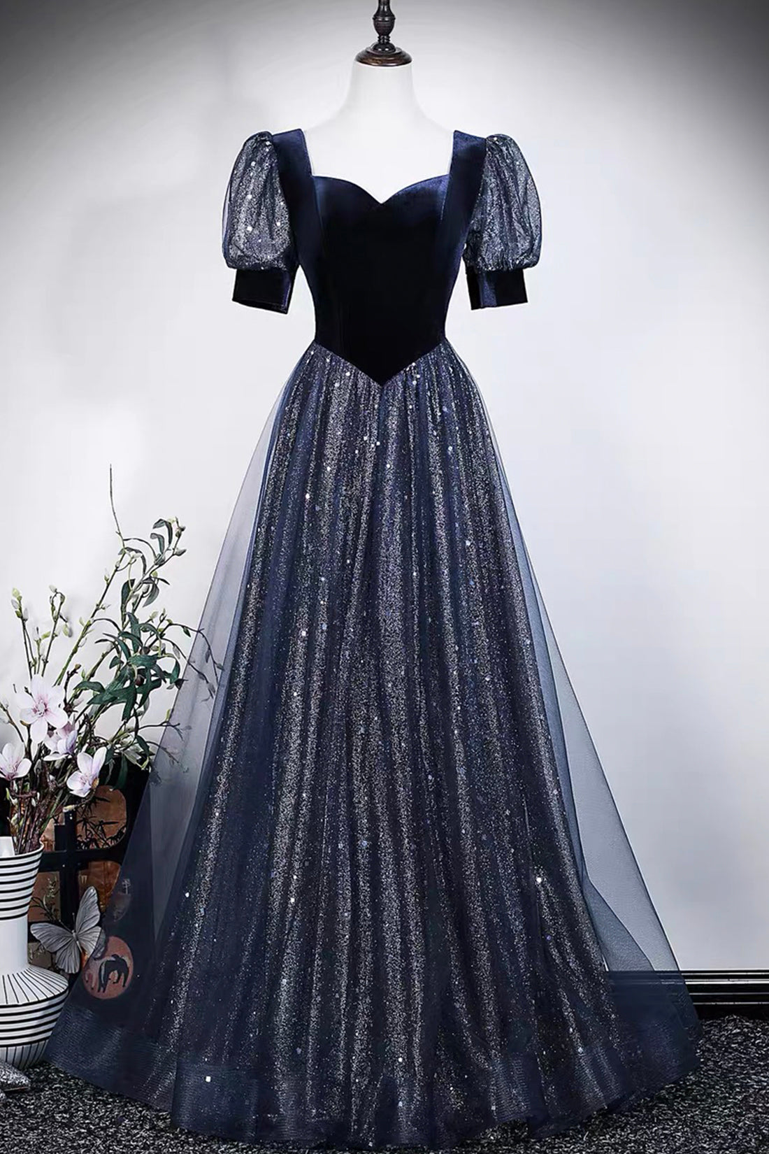 Navy Blue Velvet and Sequin Tulle Gown with Puff Sleeves