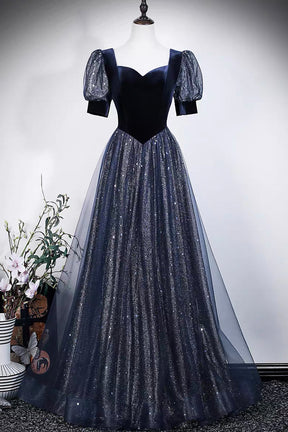 Navy Blue Velvet and Sequin Tulle Gown with Puff Sleeves