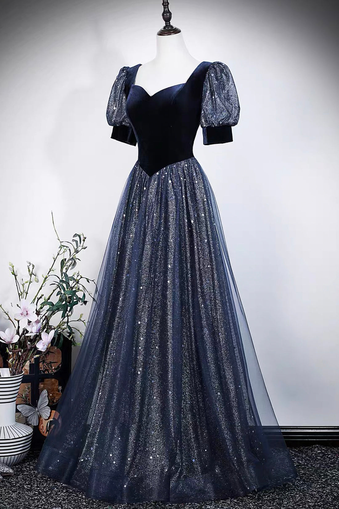 Navy Blue Velvet and Sequin Tulle Gown with Puff Sleeves