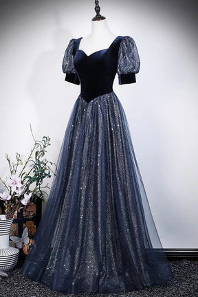Navy Blue Velvet and Sequin Tulle Gown with Puff Sleeves