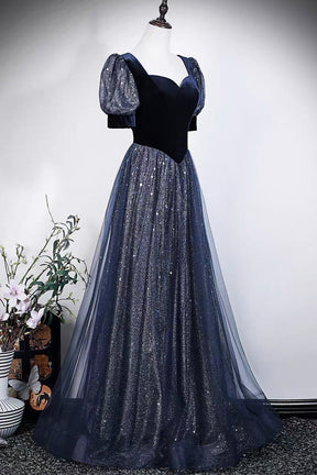 Navy Blue Velvet and Sequin Tulle Gown with Puff Sleeves
