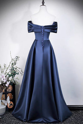 Navy Blue Satin Off-Shoulder Evening Gown with Draped Bodice