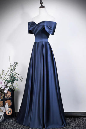 Navy Blue Satin Off-Shoulder Evening Gown with Draped Bodice