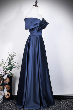 Navy Blue Satin Off-Shoulder Evening Gown with Draped Bodice