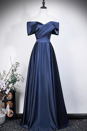 Navy Blue Satin Off-Shoulder Evening Gown with Draped Bodice