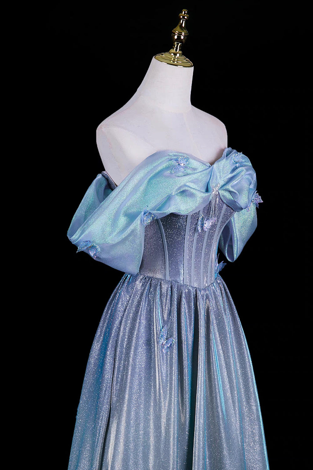 Light Blue Iridescent Off-Shoulder Ball Gown with  Butterfly Accents