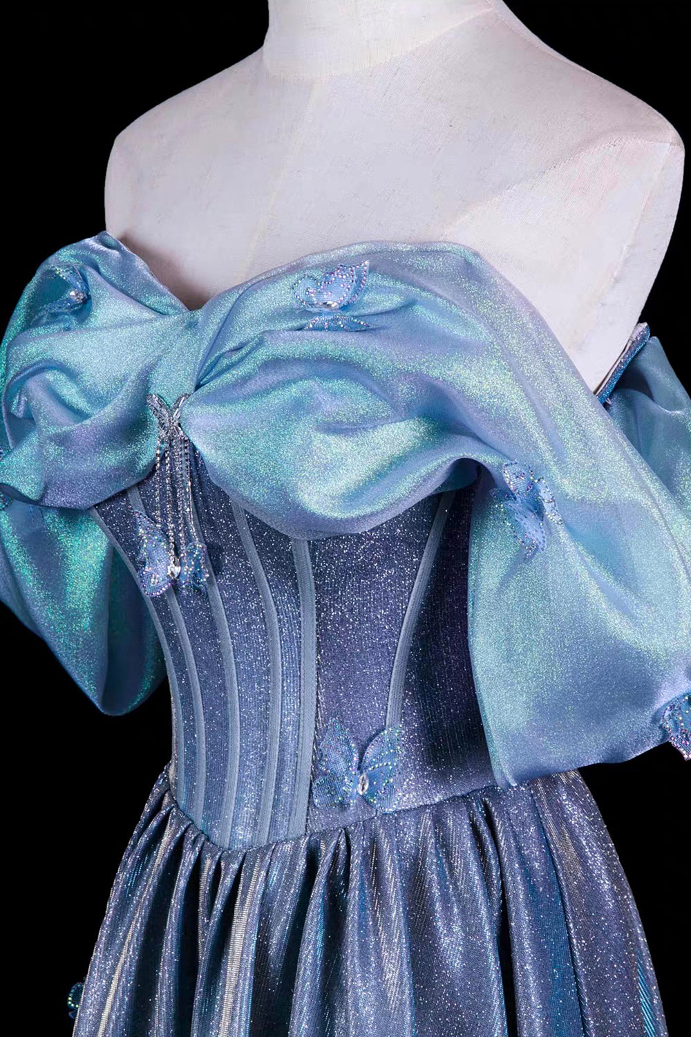 Light Blue Iridescent Off-Shoulder Ball Gown with  Butterfly Accents